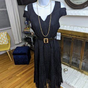 BLACK V-Neck Stretch Lace Asymmetric Hem Dress- New Size 12